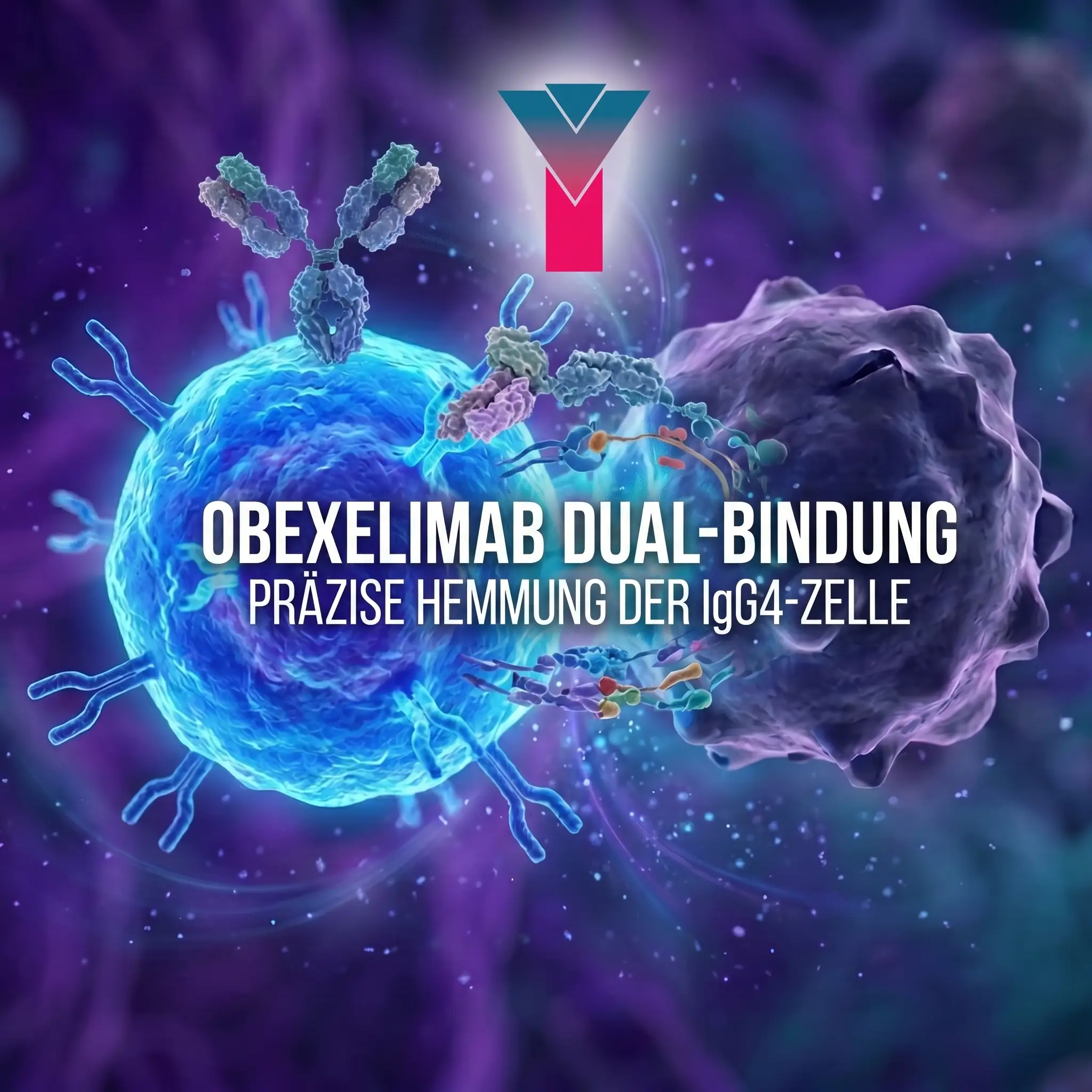 Illustration der Obexelimab-Doppelbindung an einer B-Zelle: gleichzeitige Bindung an das CD19-Antigen und den hemmenden FcγRIIb-Rezeptor